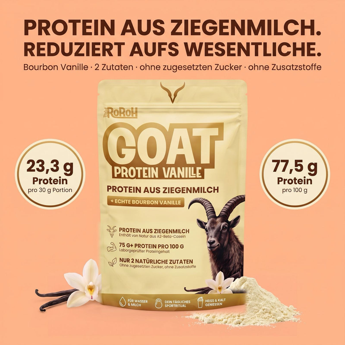 RoRoh GOAT Protein Vanille 500 g – Whey aus Ziegenmilch mit Bourbon-Vanille, ohne Süßstoff
