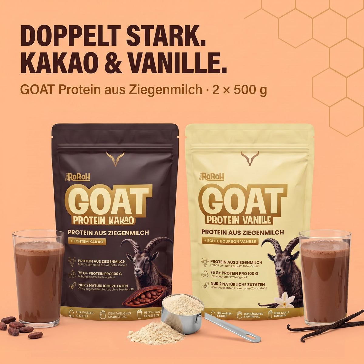 RoRoh GOAT Protein Bundle – Kakao und Vanille, je 500 g, Whey aus Ziegenmilch