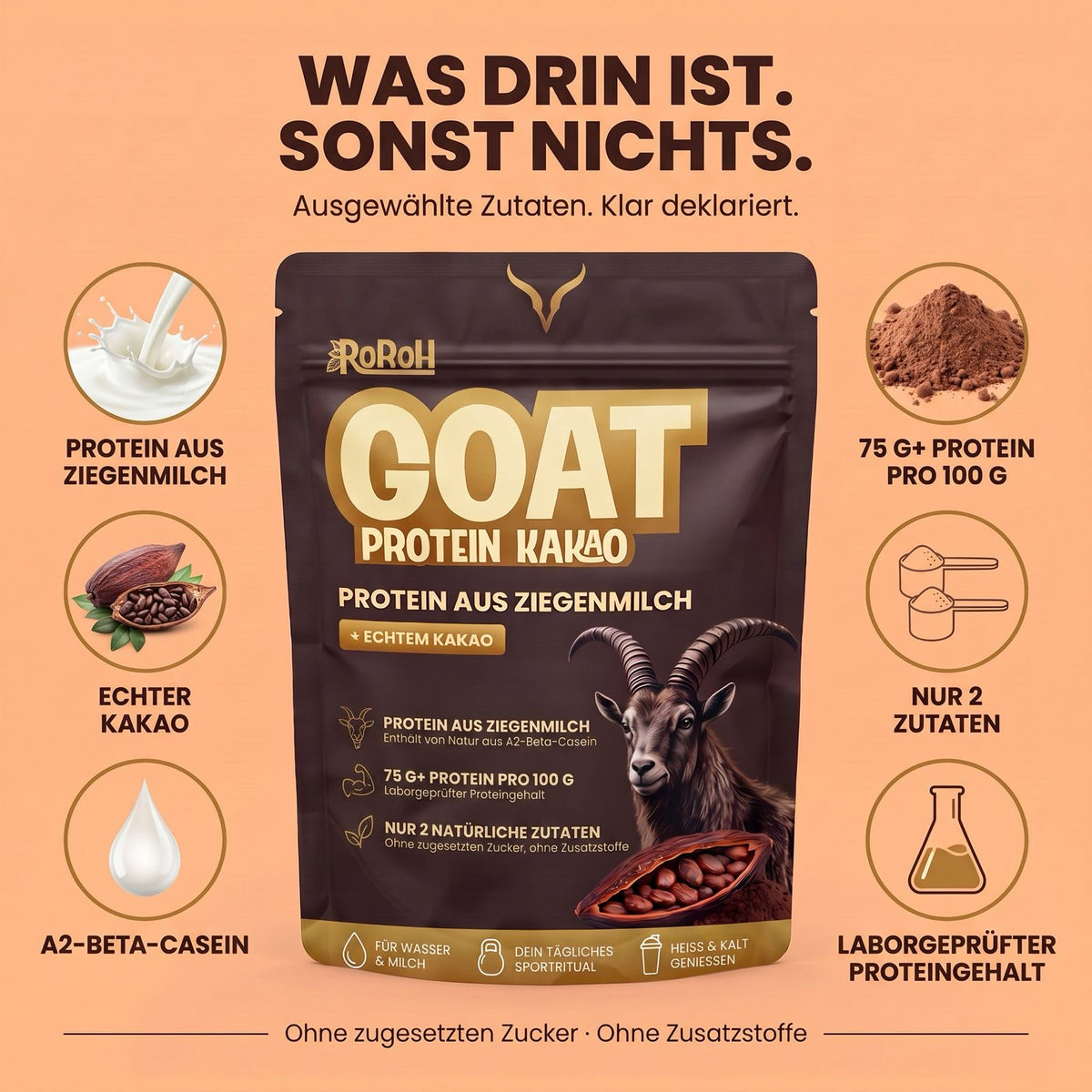 GOAT Protein Kakao von RoRoh – nur 2 Zutaten: Ziegenmolkenprotein und Kakao