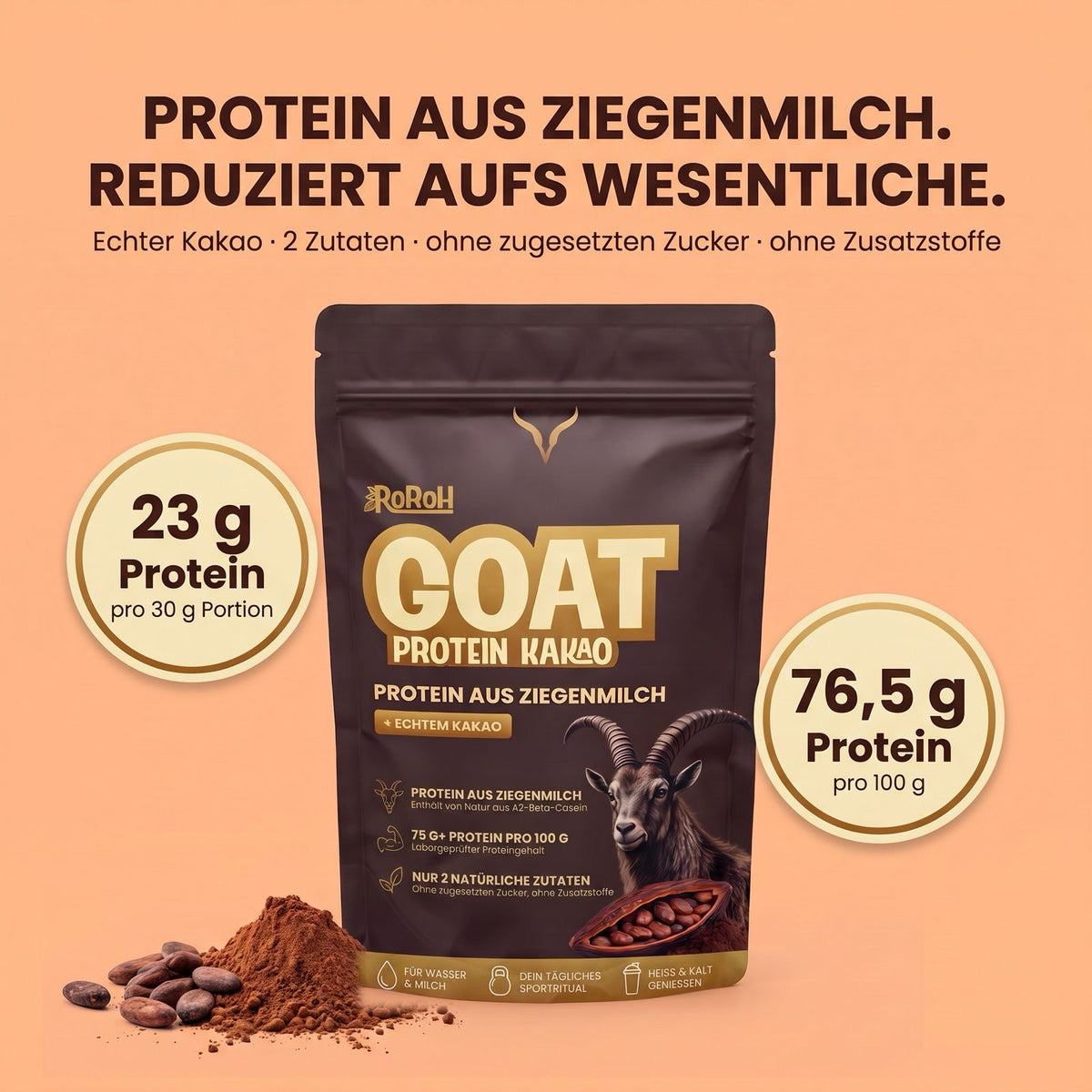 RoRoh GOAT Protein Kakao 500 g – Whey aus Ziegenmilch mit Kakao, ohne Süßstoff