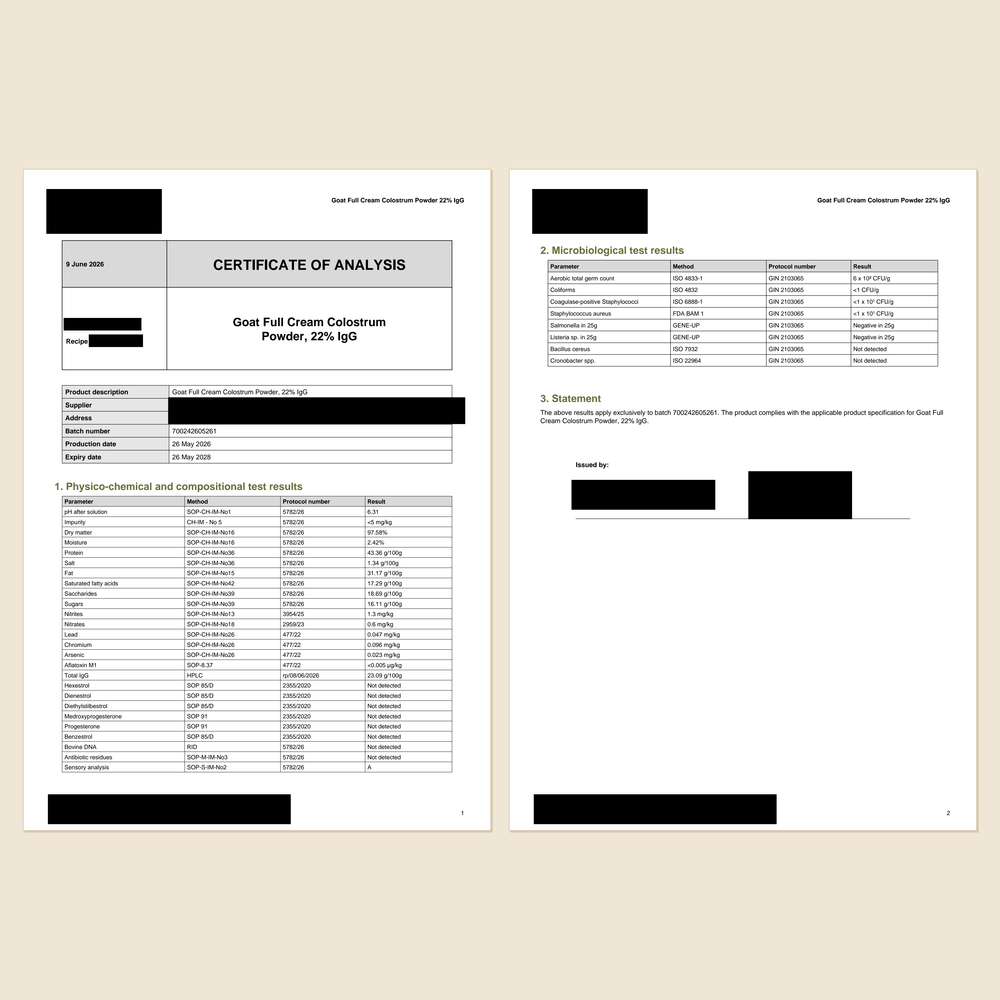 Certificate of Analysis des RoRoh Ziegenkolostrums mit 23,09 g pro 100 g IgG
